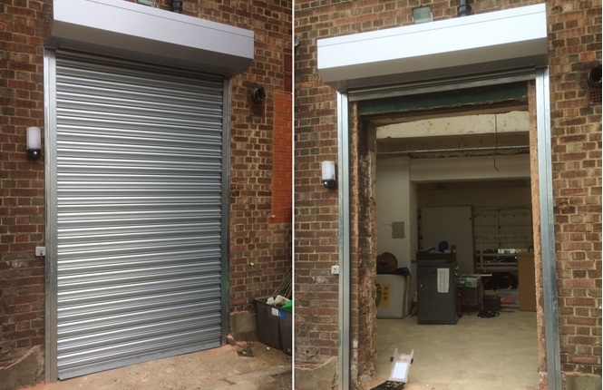 RSG5000 galvanised commercial security shutter fitted on the rear of commercial shops in Holloway, North London.