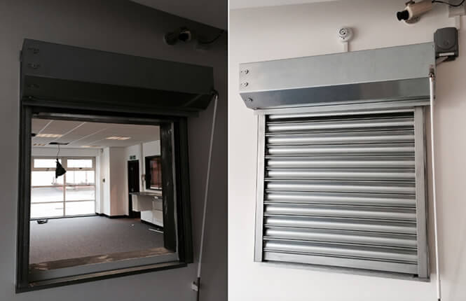 RSG5700 galvanised steel fire rated roller shutter, installed on a kitchen bar of a restaurant.