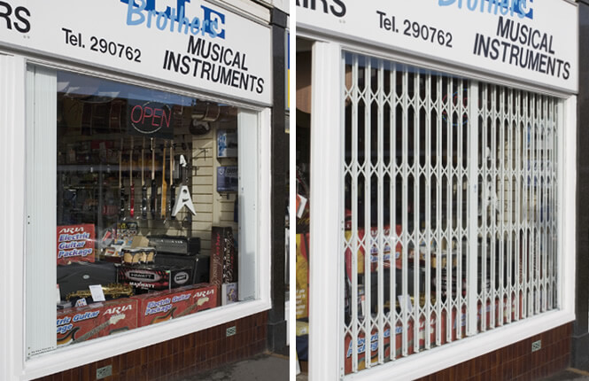RSG1200 LPS1175 collapsible grilles securing guitar shop front in Derbyshire.