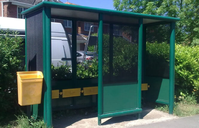 RSG2200 security shields fitted to a bus shelter in London.