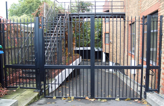 RSG3200 security gate restricting access on a commercial building in Hackney.