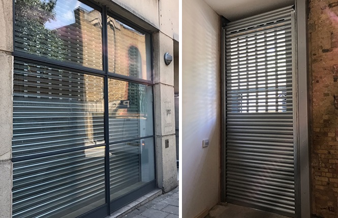 RSG5000 commercial roller shutters providing security to office fronts in Central London.