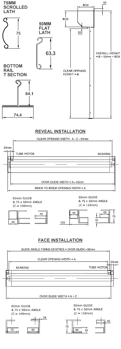 RSG5700 fire shutter specifications, fitting details, curtain lath, rails & guides dimensions, 