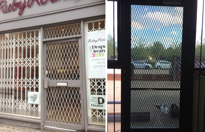 RSG800 fixed mesh grills fitted to the openings of a luxurious clothing shop in London.