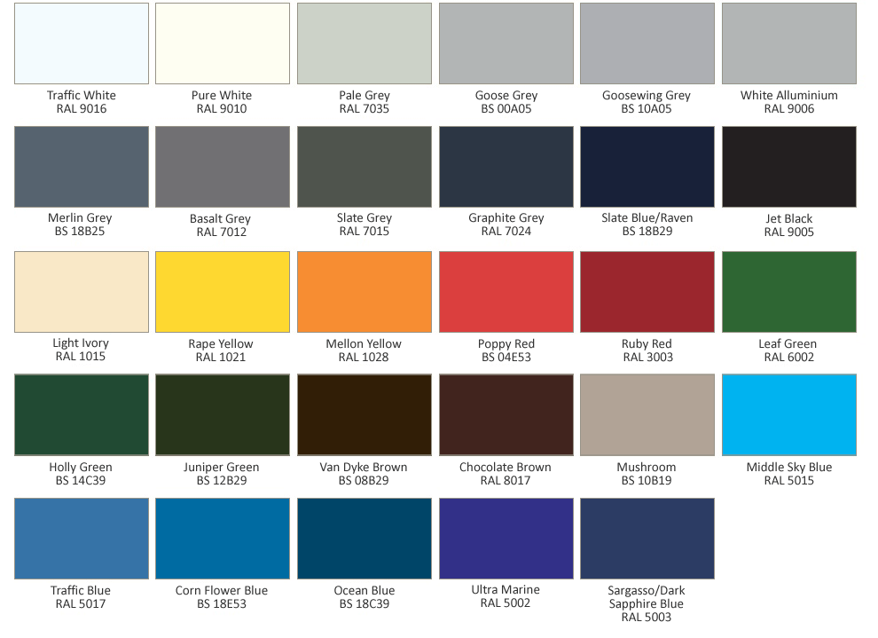Our Doors Powder Coating Colour Chart