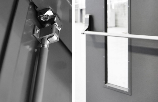 RSG8100 quality security doors with panic hardware and vision panels.