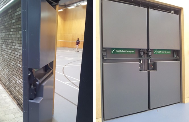 RSG8400 legislation compliant fire exit doors on a sports hall in UK.